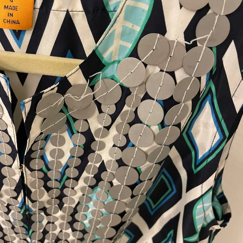 VINTAGE TORY BURCH 100% Silk Fish Print Blue/Turquoise  Kaftan Dress Size4